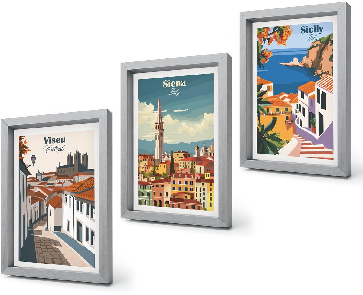 Coloray 4-Delige Schilderij Set - Retro-illustraties van beroemde steden over de hele wereld - 20 x 30 cm - Muurdecoratie - Wanddecoratie - Hal - Woonkamer Decoratie Zilveren lijst
