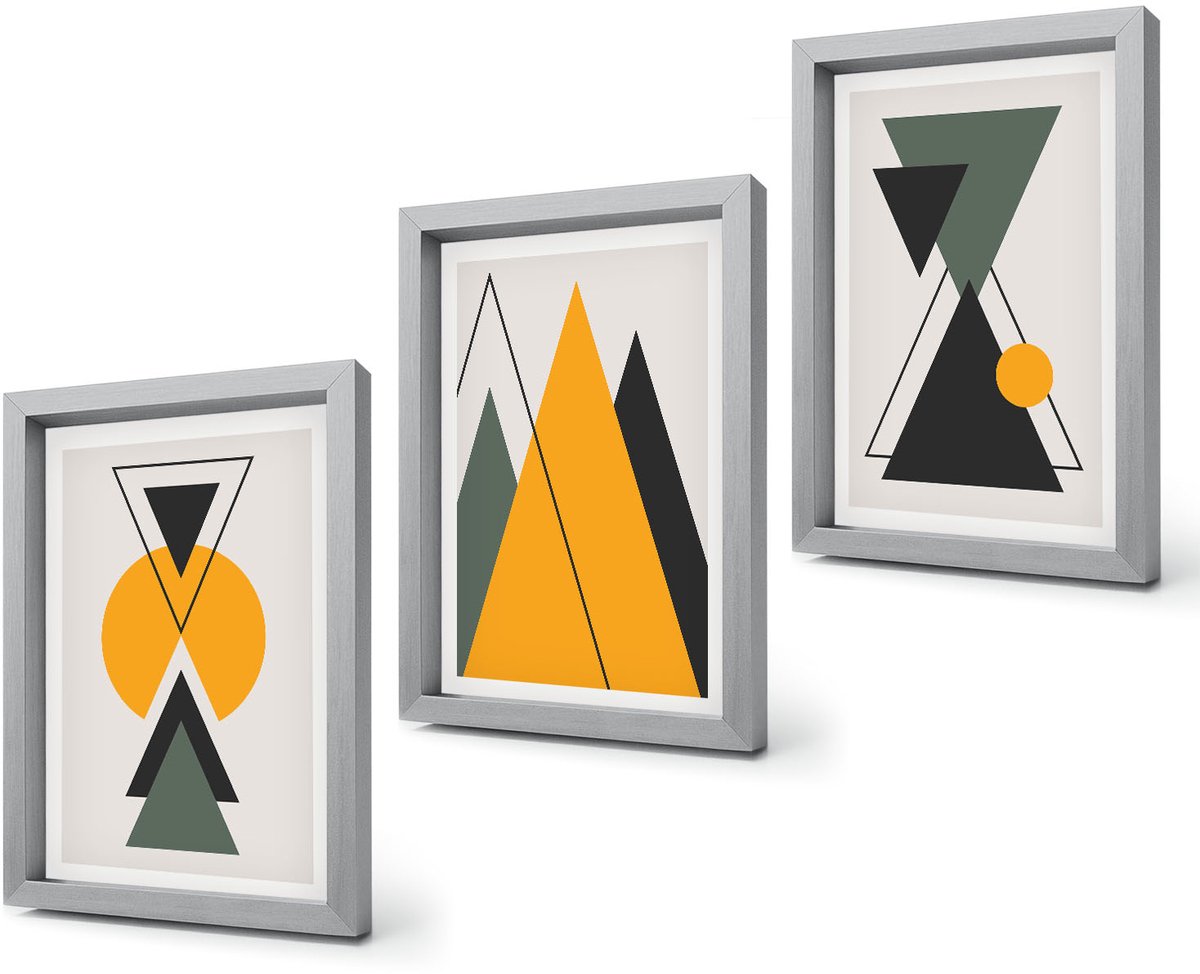 Coloray 4-Delige Schilderij Set - Abstracte geometrische vormen - 20 x 30 cm - Muurdecoratie - Schilderijen Set - Woonkamer - Woonkamer Decoratie Zilveren lijst