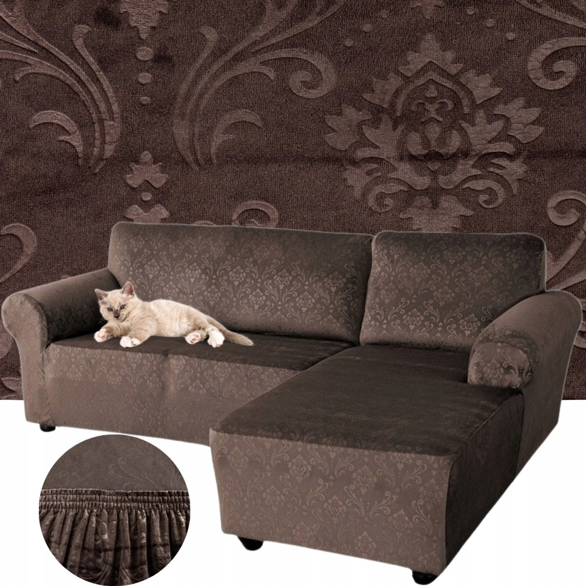 Elastisch Hoekbankovertrek Velours Bruin Ornament Premium 2-zits