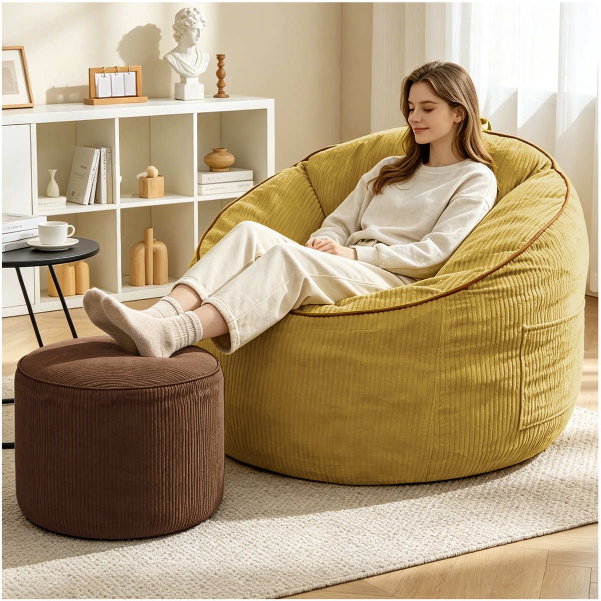 Wishdor Zitzakset met rugleuning - Ergonomische curve - Opbergvak - Cilindrische voetenbank - Voor binnen - Ribstof - Geel - 103 x 95 x 80 cm