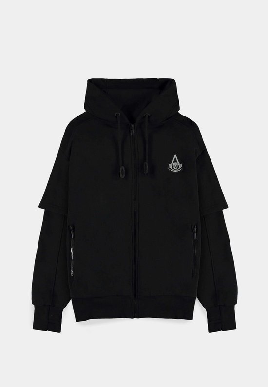 Zwarte hoodie met dubbele mouwen, ritssluiting, capuchon en geborduurd Assassin's Creed logo op de borst.