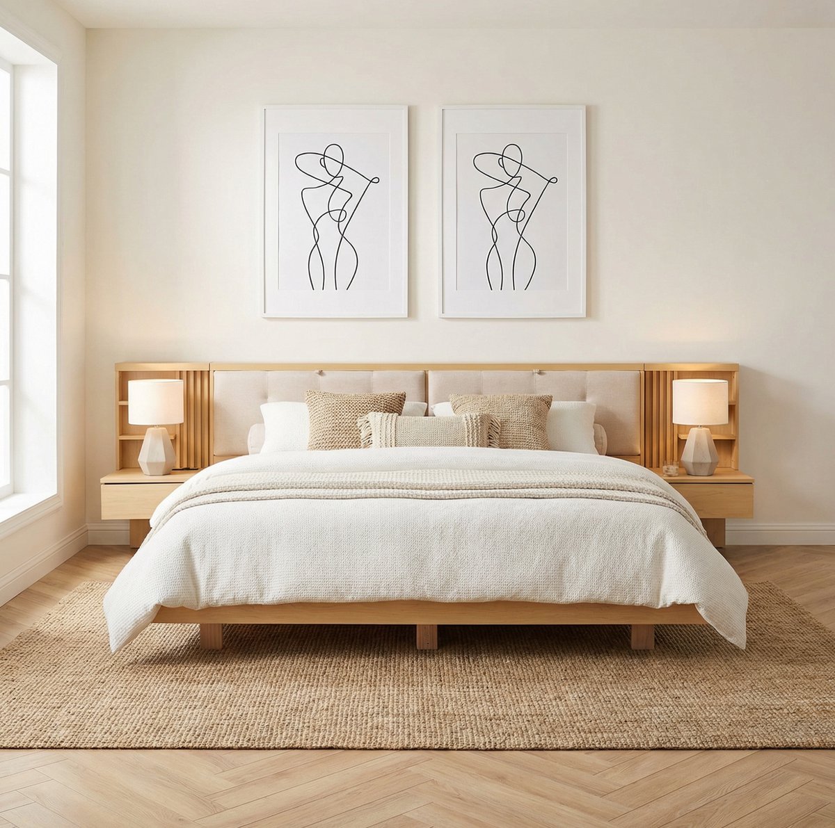 Wishdor Bedframe 180x200 cm - Zwevend opberghoofdbord - USB-oplaadpoort en EU-stopcontact - Lades en planken - Modern - Natuurlijk - 220x256x83 cm