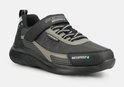 Zwarte sneaker met klittenband, grijze en witte accenten. 'Waterproof' logo op de zijkant.