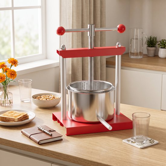 3L Handmatige Fruitpers - Appelsap, Druivensap & Groentesap - RVS Persmand, Eenvoudig Schoon te Maken, Rood/Zilver — afbeelding 4