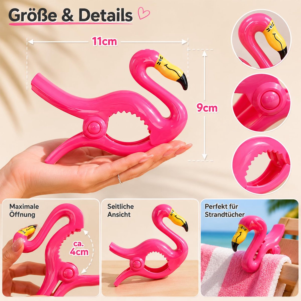 2 stuks handdoekklemmen voor strandstoelen, groot, flamingo-design, wasknijpers, winddichte handdoekclips voor strand - ShopVlot