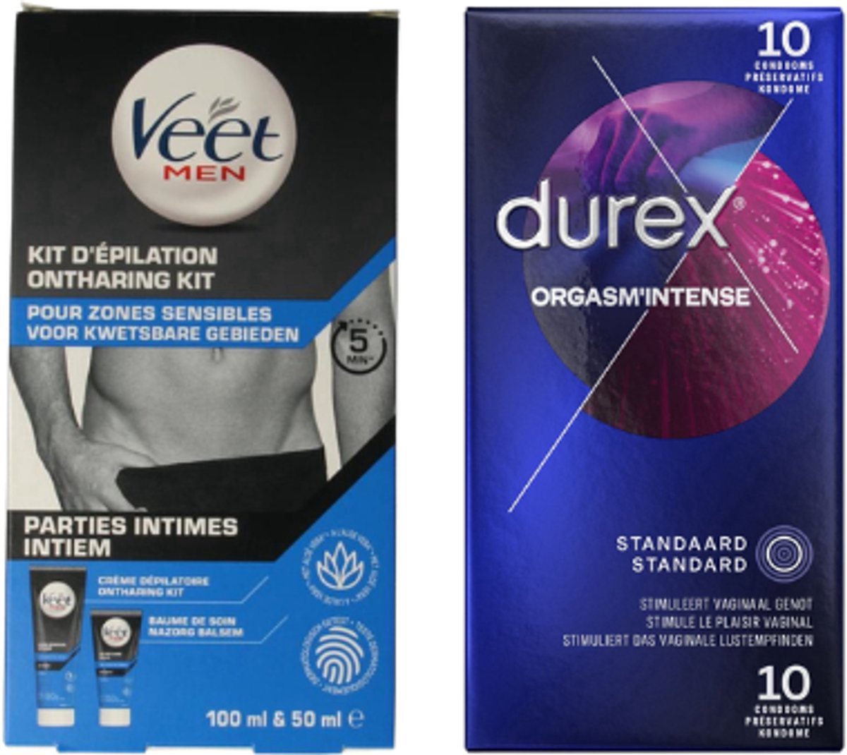 Durex Orgasm’Intense 10 Condooms + Veet Men Intieme Ontharingskit 150 ml – Condooms & Intieme Verzorging