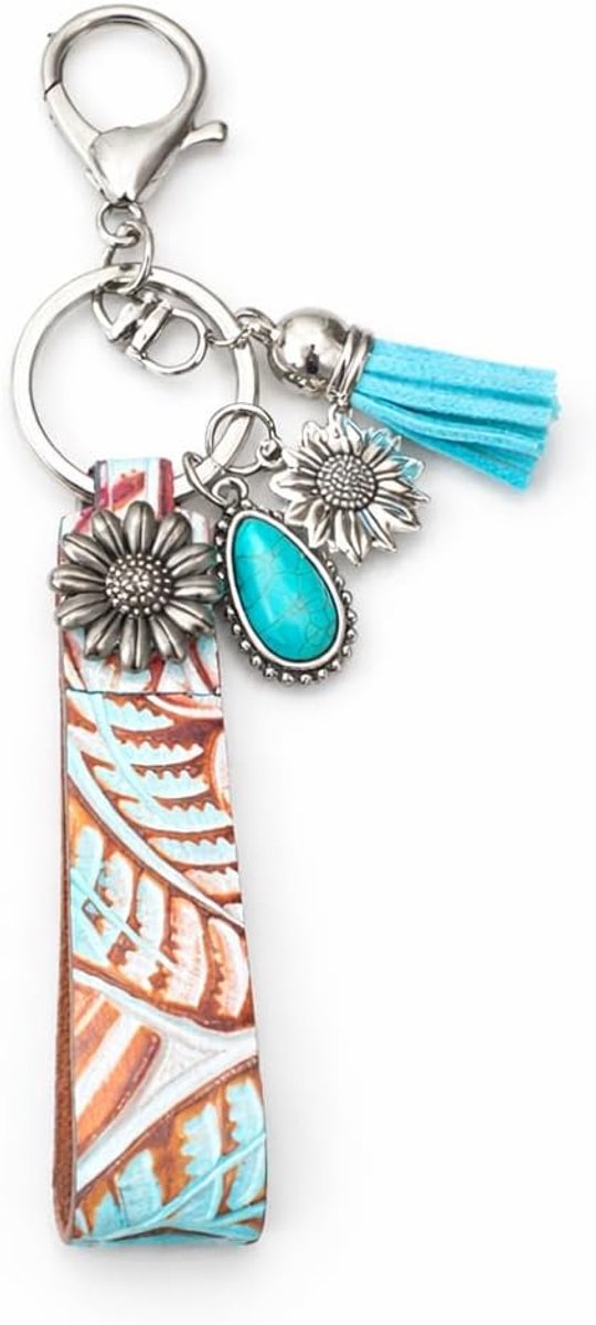 Western Metal Tassel Floral Keychains Leather Turquoise Cowboy Keyring Handbag Bag Bohemian Accessories Charms - ShopVlot