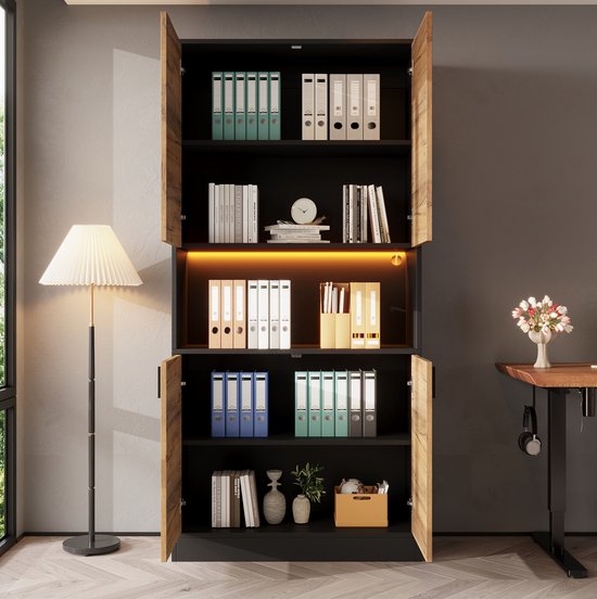 MIVRAY Opbergkast - Moderne Hoogkast Met Ledverlichting En Verstelbare Planken - Voor Kantoor Woonkamer En Hal - Spaanplaat - Zwart Eiken - 80x35x180 Cm — afbeelding 5