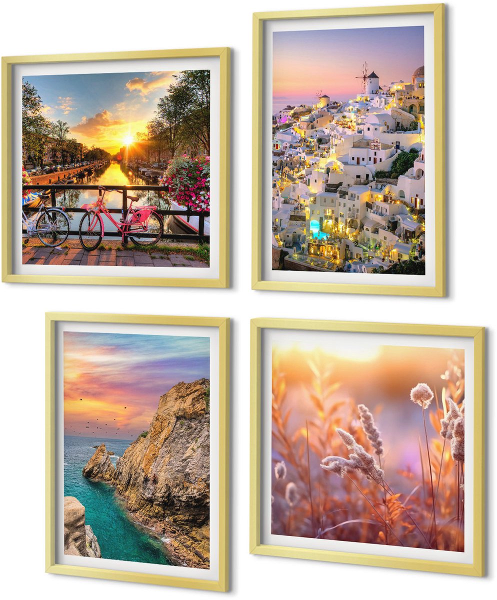 Coloray 4-Delige Schilderij Set - Uitzicht op zee met zonsondergang en de stad - 40 x 40 cm en 40 x 60 cm - Wanddecoratie - Woonkamer Decoratie - Interieur Decoratie