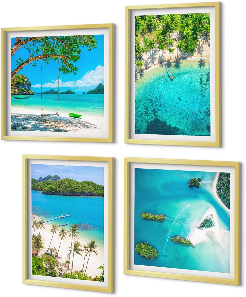 Coloray 4-Delige Schilderij Set - Tropische stranden met palmbomen en kristalhelder water. - 40 x 40 cm en 40 x 60 cm - Moderne Wanddecoratie - Slaapkamer - Stijlvolle Muurdecoratie