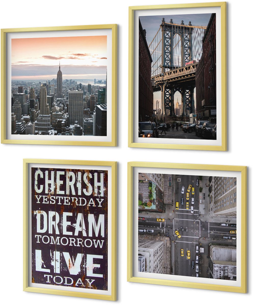 Coloray 4-Delige Schilderij Set - Landschappen van New York City met een inspirerend citaat - 40 x 40 cm en 40 x 60 cm - Moderne Wanddecoratie - Woonkamer - Decoratieve Schilderijen