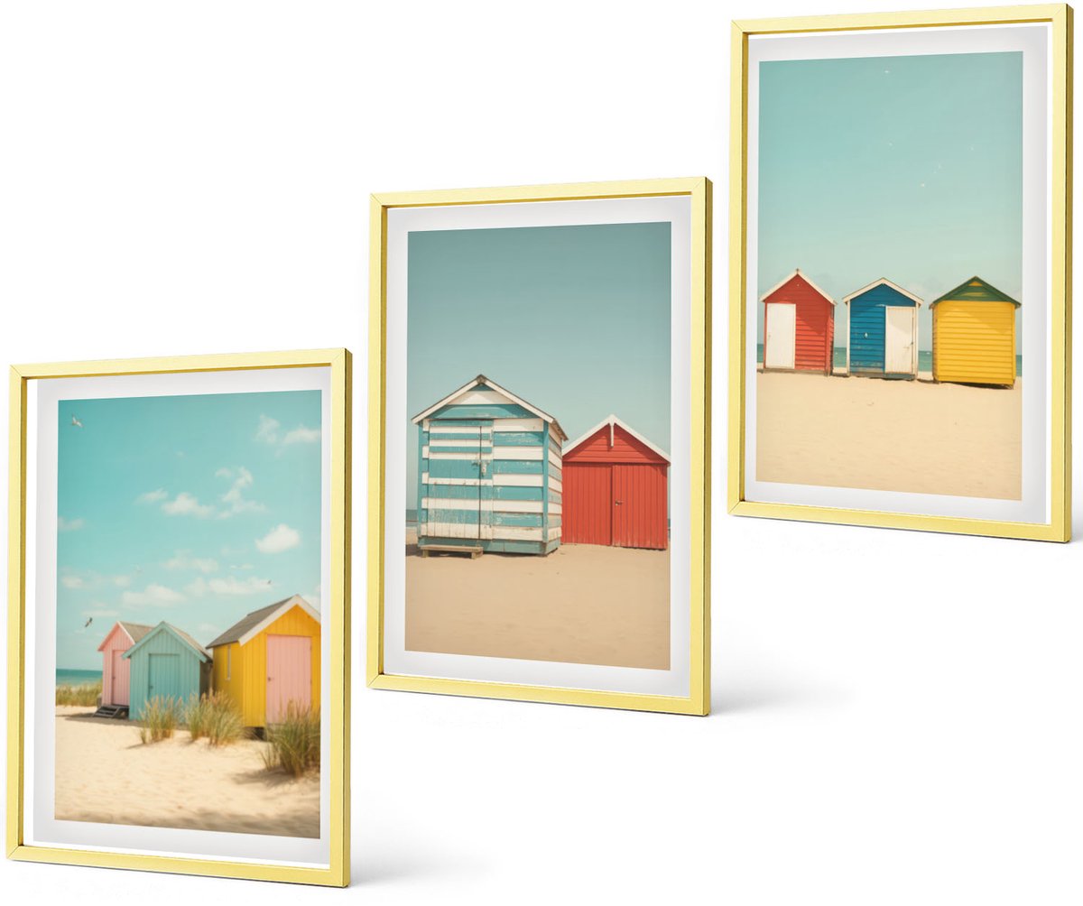 Coloray 3-Delige Schilderij Set - Geschilderde Citrusvruchten En Kustlandschappen - 40 x 40 cm En 40 x 60 cm - Stijlvolle Wanddecoratie - Interieur - Moderne Wanddecoratie
