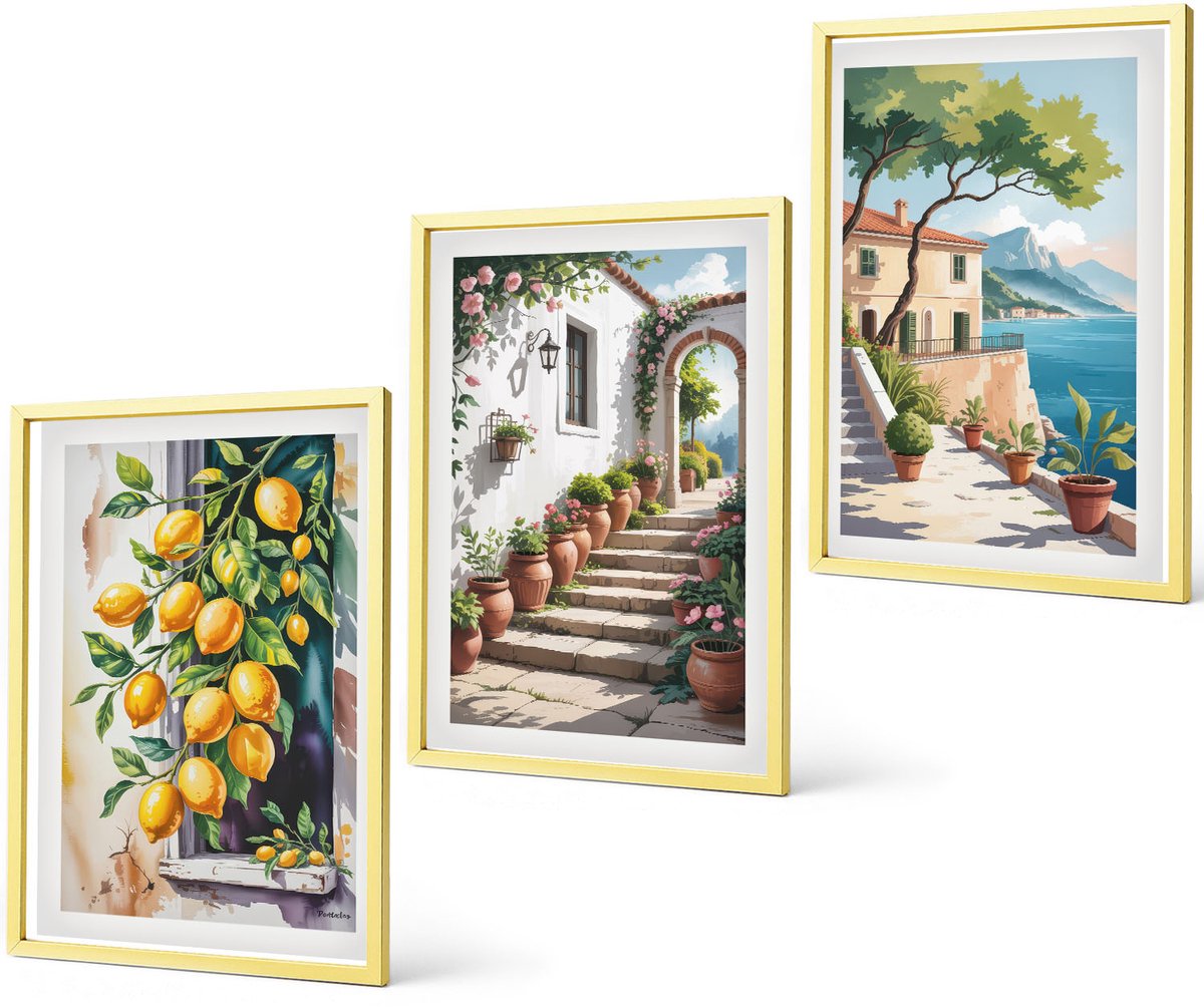 Coloray 3-Delige Schilderij Set - Italiaanse Landschappen Met Een Rivier, Heuvels En Een Stadsstraat - 40 x 40 cm En 40 x 60 cm - Wanddecoratie - Woonkamer Decoratie - Muurdecoratie