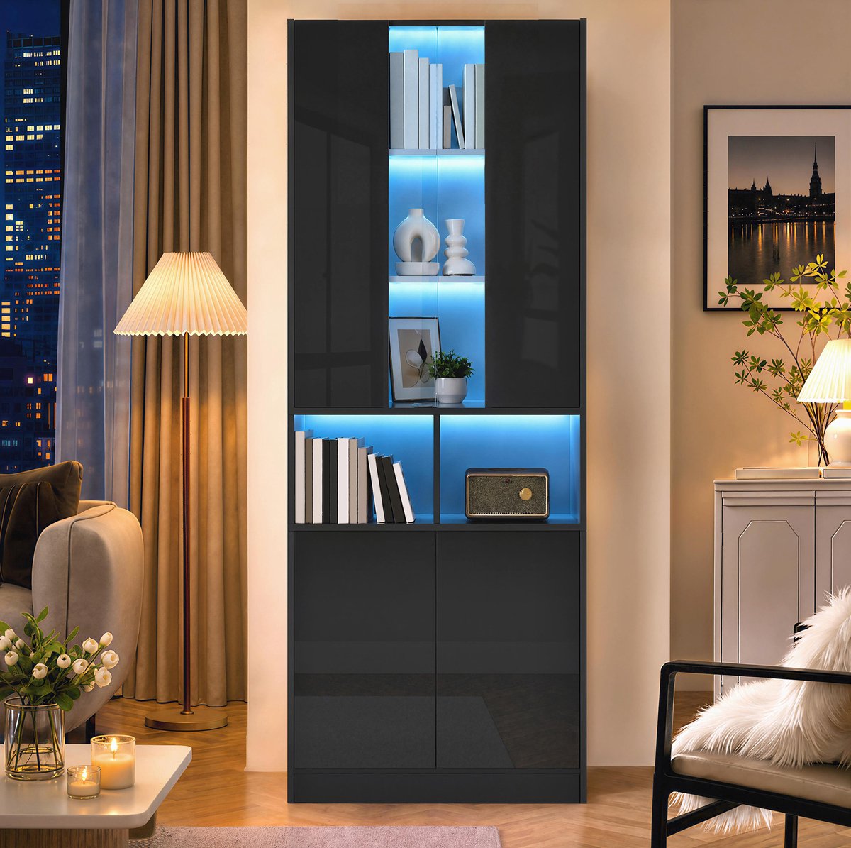 MIVRAY Vitrinekast - Led Verlichting Met Appbediening En Acryl Kijkvenster - Voor Woonkamer En Hal - MDF En Spaanplaat - Zwart - 70x35x180 Cm