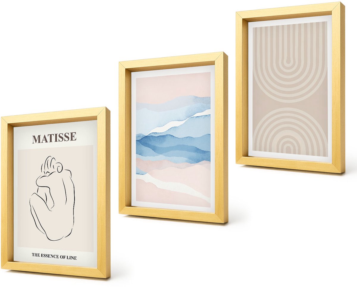 Coloray 4-Delige Schilderij Set - Lijnen en golven in pasteltinten met een minimalistisch accent. - 20 x 30 cm - Muurdecoratie - Schilderijen Set - Woonkamer - Interieur Decoratie