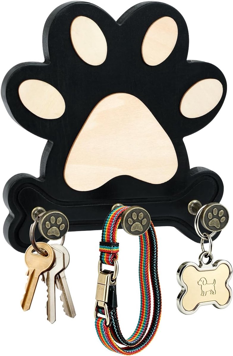 comfoyar houten sleutelhouder voor aan de muur, Schattige sleutelhanger in de vorm van een hondenpoot met 3 haken voor - ShopVlot