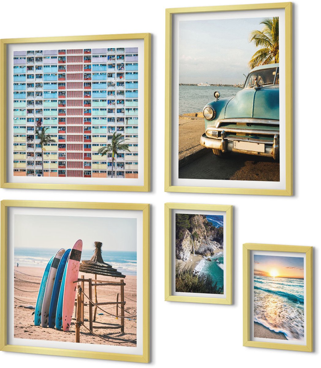 Coloray 5-Delige Schilderij Set - Stijlvolle Strandlandschappen Met Auto'S En Surfers - 50 x 50 cm, 20 x 30 cm En 40 x 60 cm - Muurdecoratie - Wanddecoratie - Slaapkamer