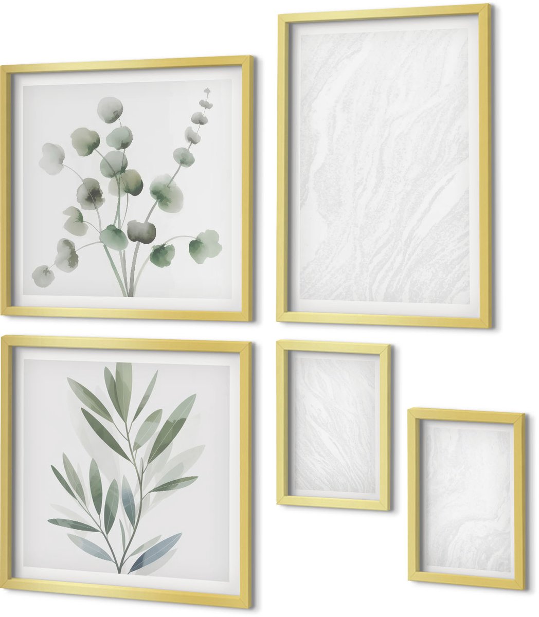 Coloray 5-Delige Schilderij Set - Elegante Lineaire Structuur Van Marmer Met Pastelkleurige Takken - 50 x 50 cm, 20 x 30 cm En 40 x 60 cm - Muurdecoratie - Schilderijen Set - Woonkamer - Moderne Wanddecoratie