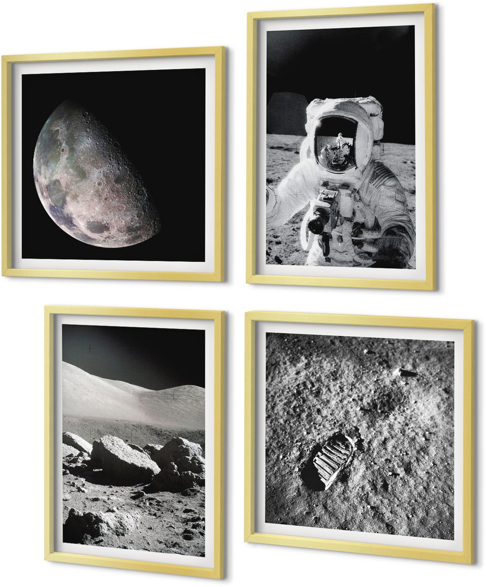 Coloray 4-Delige Schilderij Set - Maanfoto's met astronaut en voetafdruk - 40 x 40 cm en 40 x 60 cm - Decoratieve Schilderijen - Wanddecoratie - Hal