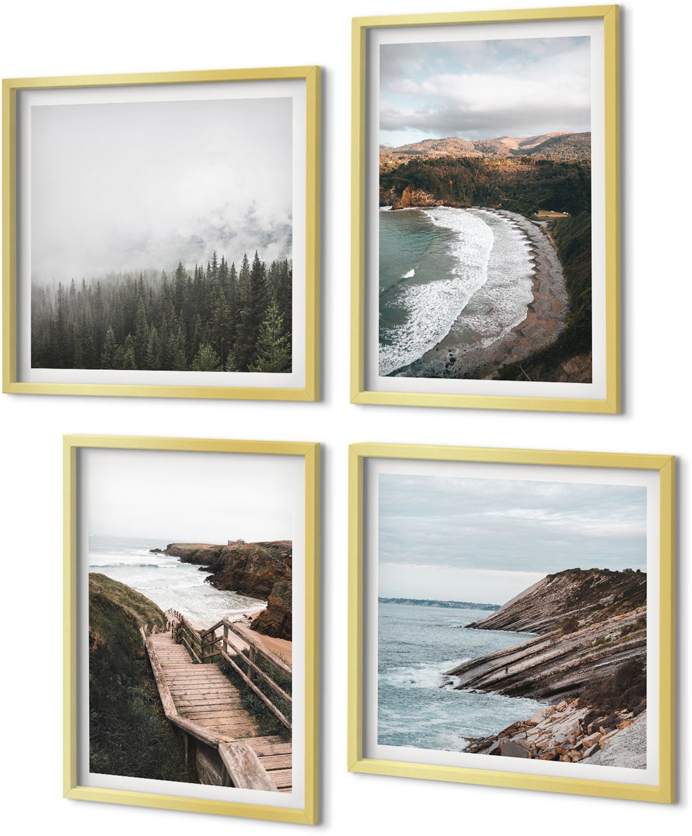 Coloray 4-Delige Schilderij Set - Uitzicht op zee met kliffen en strandlandschappen - 40 x 40 cm en 40 x 60 cm - Wanddecoratie - Schilderijen Set - Kantoor - Moderne Wanddecoratie