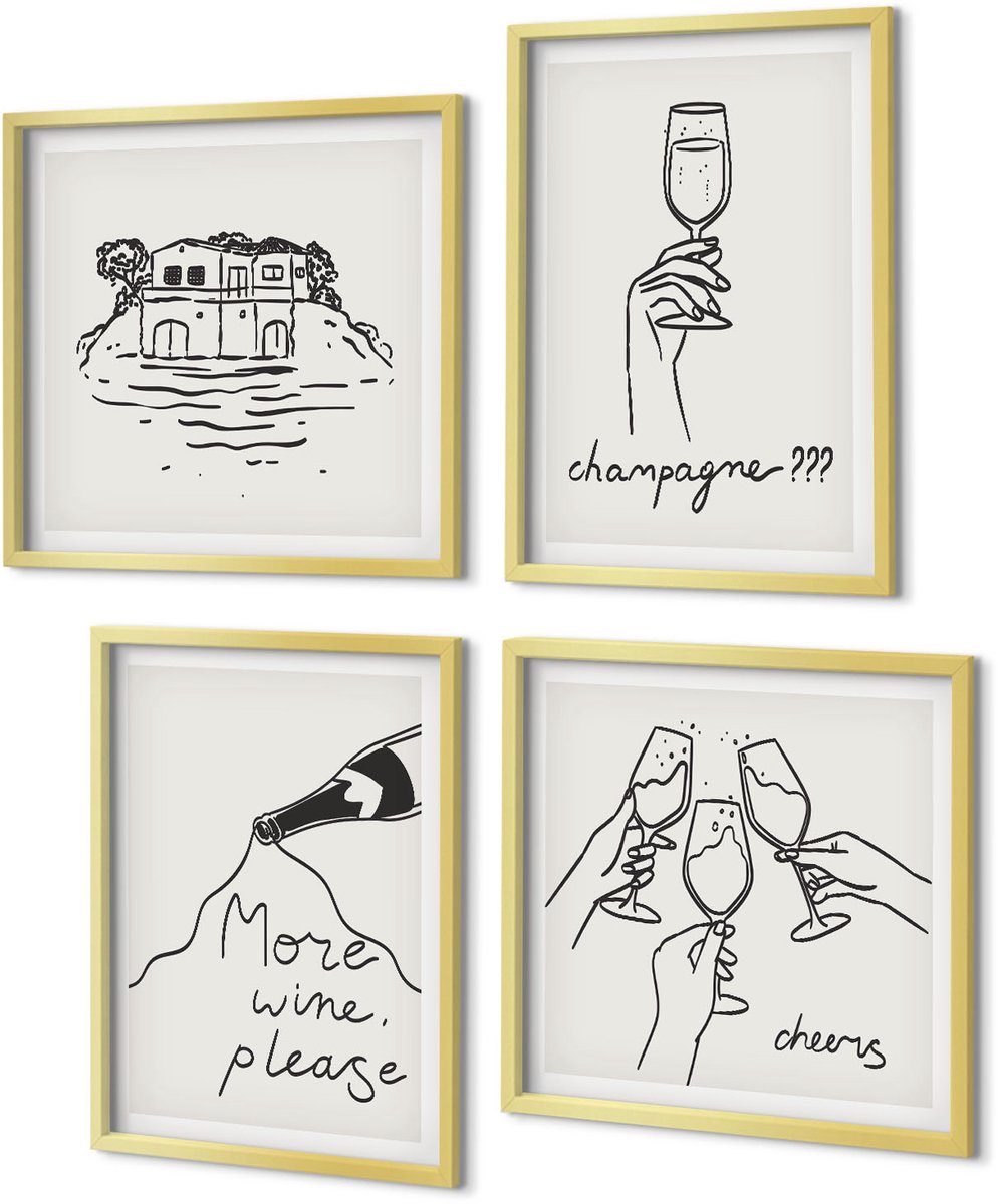 Coloray 4-Delige Schilderij Set - Vrolijke momenten met wijn en champagne - Lijntekening - 40 x 40 cm en 40 x 60 cm - Muurdecoratie - Wanddecoratie - Hal