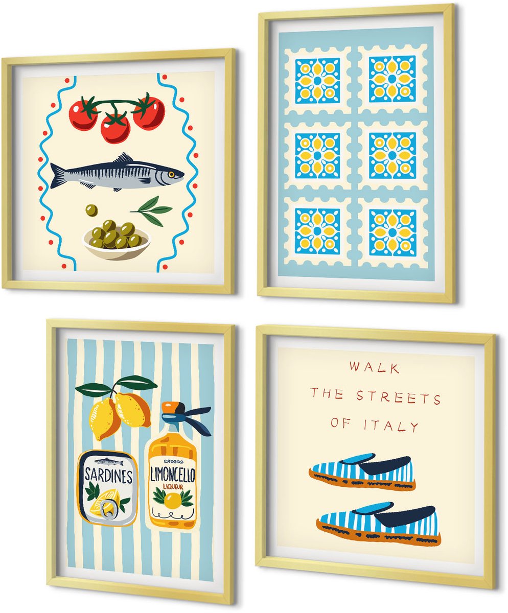 Coloray 4-Delige Schilderij Set - Fruitpatronen en elementen van de Italiaanse cultuur - 40 x 40 cm en 40 x 60 cm - Moderne Wanddecoratie - Woonkamer - Interieur Decoratie
