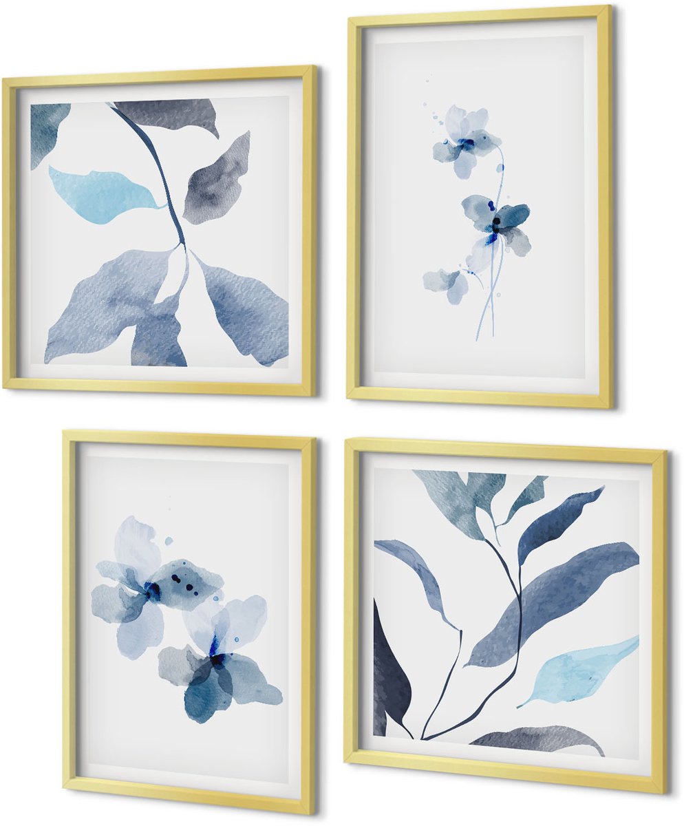 Coloray 4-Delige Schilderij Set - Minimalistische aquarelbloemen in blauwe tinten - 40 x 40 cm en 40 x 60 cm - Decoratieve Muurdecoratie - Slaapkamer - Decoratieve Schilderijen