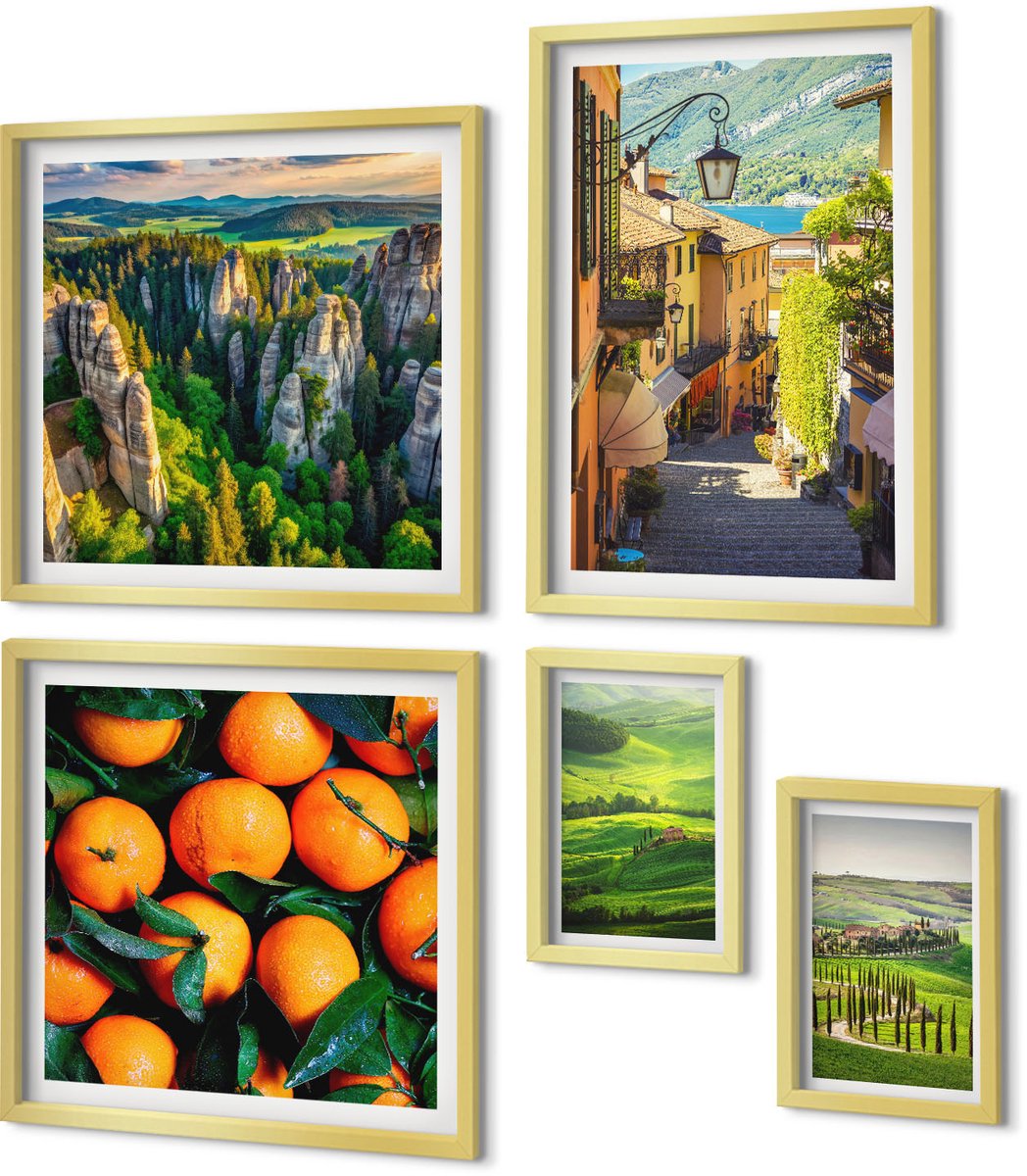 Coloray 5-Delige Schilderij Set - Charmante Landelijke Landschappen En Fruitinspiratie - 50 x 50 cm, 20 x 30 cm En 40 x 60 cm - Decoratieve Schilderijen - Woonkamer - Interieur - Stijlvolle Muurdecoratie