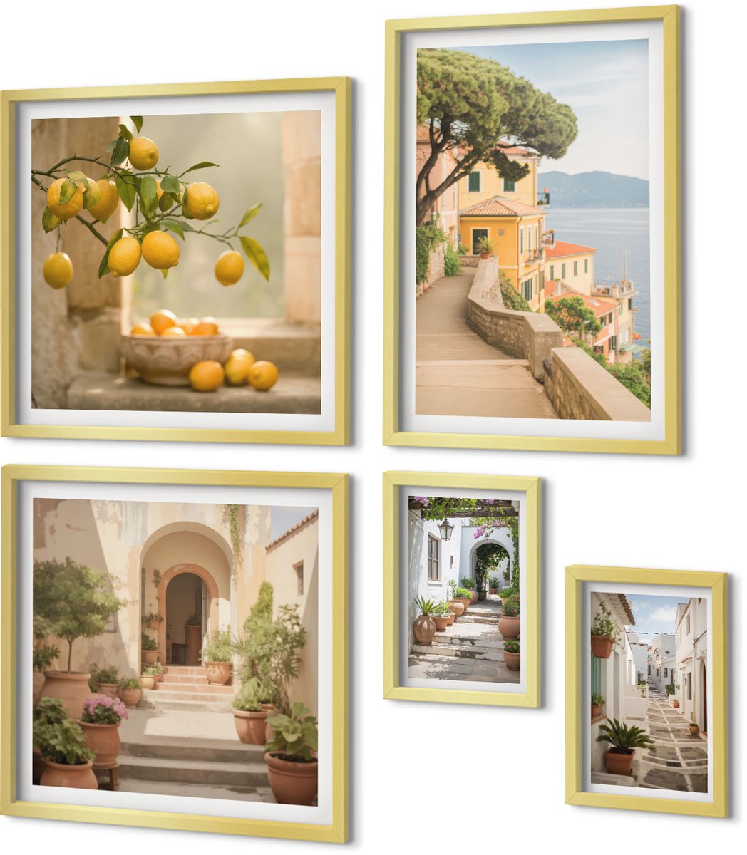 Coloray 5-Delige Schilderij Set - Sfeervolle Straatjes En Fruit In Mediterrane Stijl - 50 x 50 cm, 20 x 30 cm En 40 x 60 cm - Schilderijen Set - Wanddecoratie - Woonkamer - Moderne Wanddecoratie