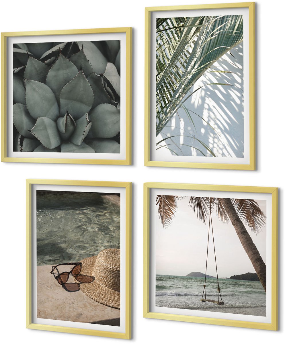 Coloray 4-Delige Schilderij Set - Tropische planten en zomerse decoraties - 40 x 40 cm en 40 x 60 cm - Decoratieve Schilderijen - Wanddecoratie - Hal
