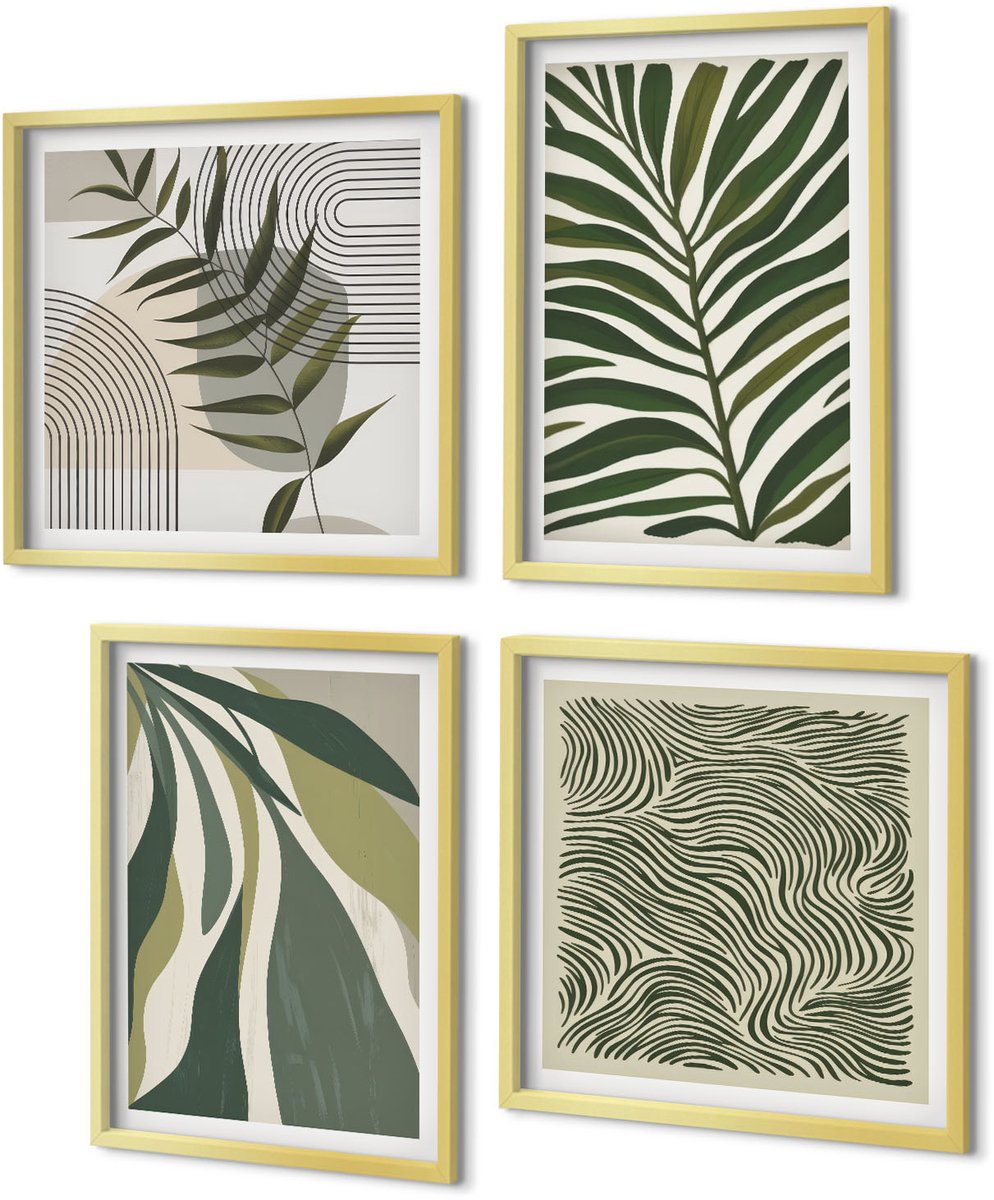 Coloray 4-Delige Schilderij Set - Bladpatronen en golvende lijnen in pastelillustraties - 40 x 40 cm en 40 x 60 cm - Muurdecoratie - Wanddecoratie - Slaapkamer - Interieur Decoratie