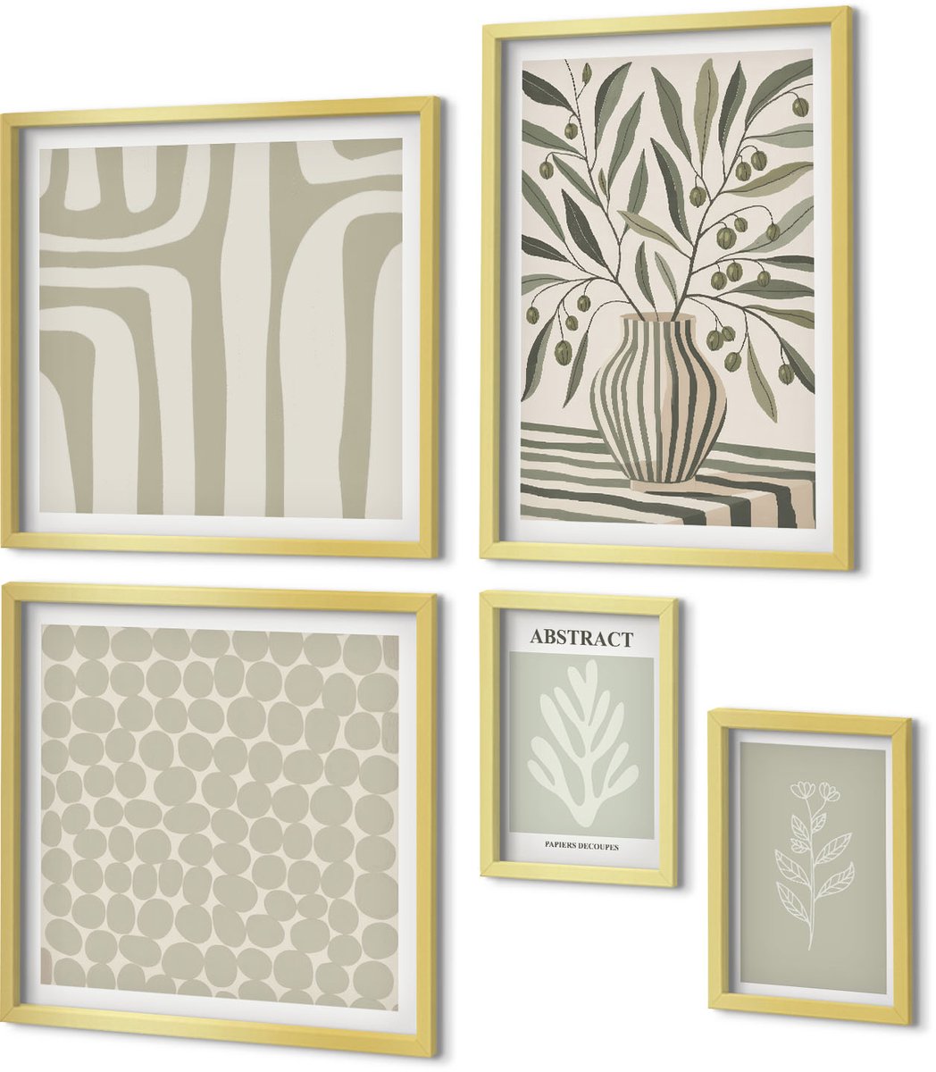 Coloray 5-Delige Schilderij Set - Bloemenmotieven In Scandinavische Stijl Met Verfijnde Patronen - 50 x 50 cm, 20 x 30 cm En 40 x 60 cm - Muurdecoratie - Schilderijen Set - Woonkamer