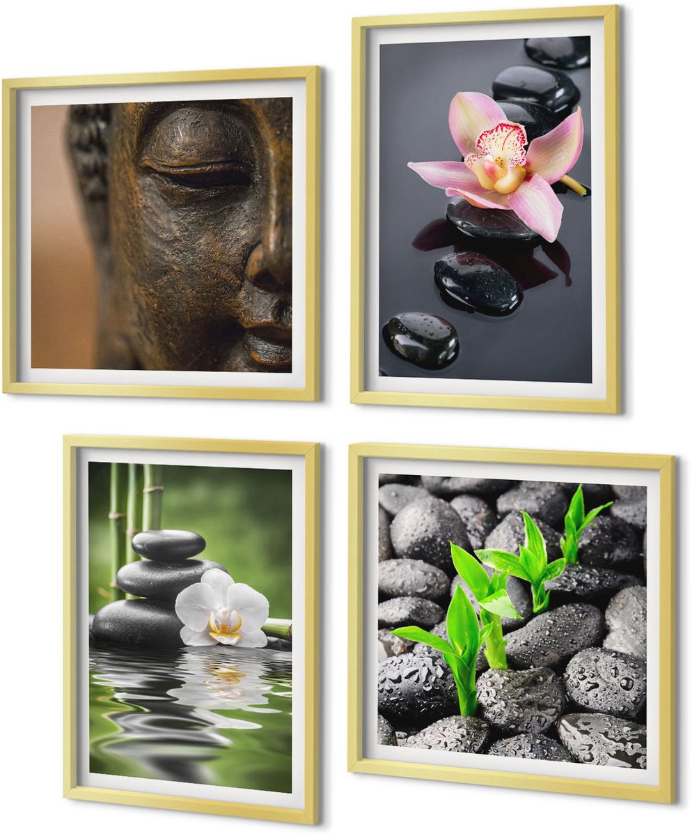 Coloray 4-Delige Schilderij Set - Vredige Zen-compositie van stenen met bloemen en Boeddha - 40 x 40 cm en 40 x 60 cm - Stijlvolle Wanddecoratie - Interieur - Muurdecoratie