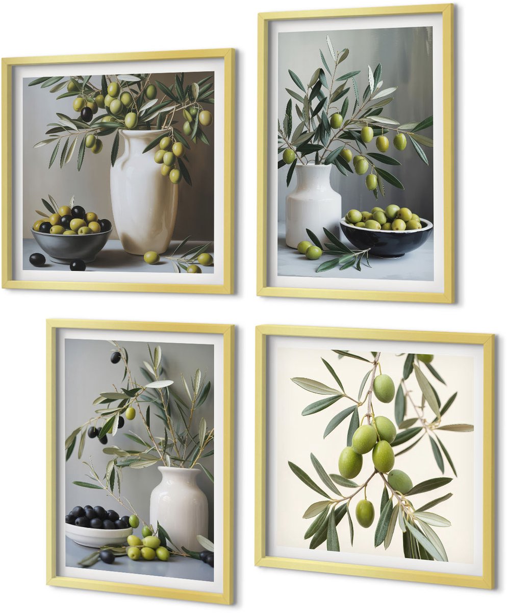 Coloray 4-Delige Schilderij Set - Olijven in vazen ​​met takken op een grijze achtergrond - 40 x 40 cm en 40 x 60 cm - Decoratieve Schilderijen - Woonkamer - Interieur - Stijlvolle Muurdecoratie