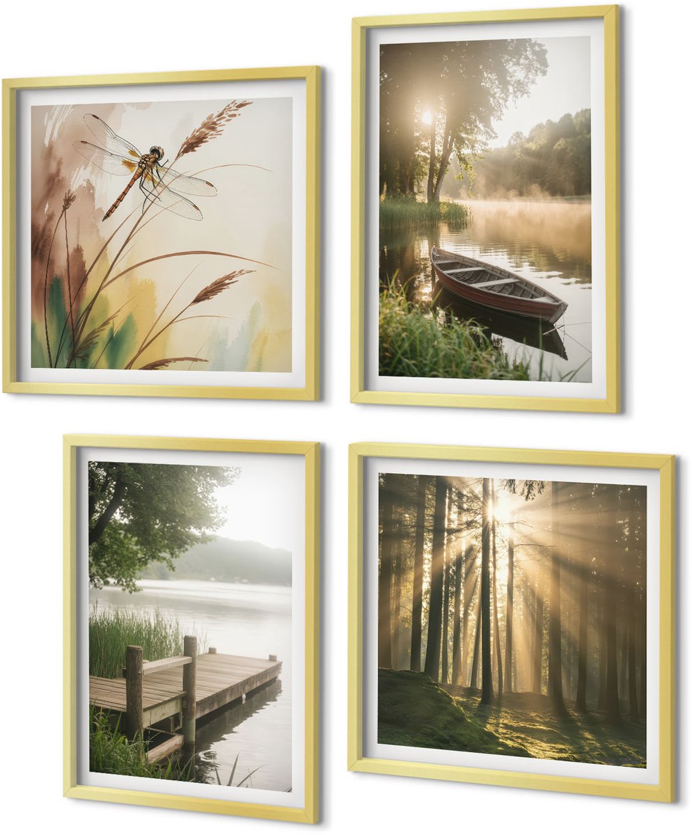 Coloray 4-Delige Schilderij Set - Rustig meer, bos en boot in de ochtendmist - 40 x 40 cm en 40 x 60 cm - Decoratieve Muurdecoratie - Slaapkamer - Interieur Decoratie