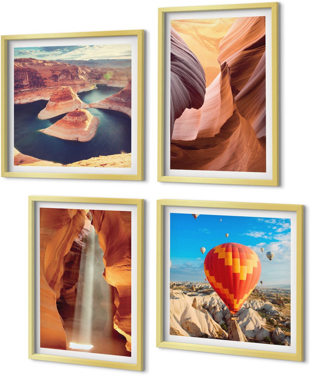Coloray 4-Delige Schilderij Set - Waterval in de kloof Rotsformaties in de canyon - 40 x 40 cm en 40 x 60 cm - Wanddecoratie - Woonkamer Decoratie - Stijlvolle Muurdecoratie