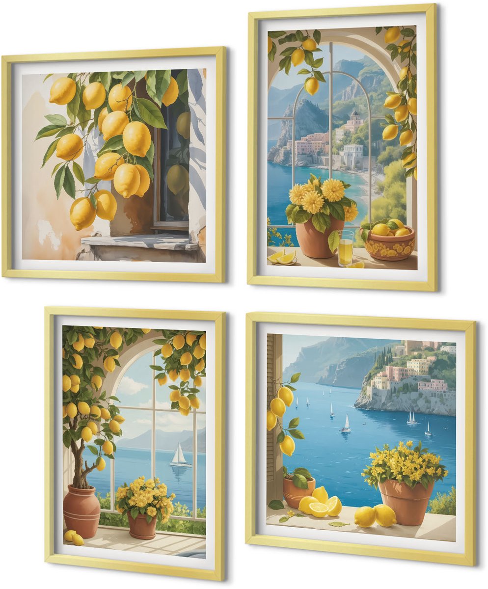Coloray 4-Delige Schilderij Set - Zeegezichten met Italiaanse citroenen in de ramen. - 40 x 40 cm en 40 x 60 cm - Moderne Wanddecoratie - Slaapkamer - Stijlvolle Muurdecoratie