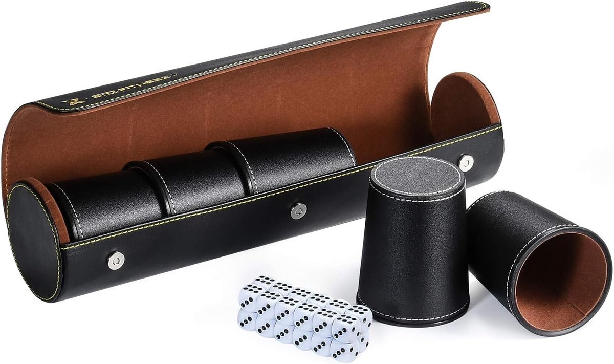 Dobbelbekerset - Zwart - Compact (35 x 8.5 x 8.5 cm) - PU-leer met Vilt - Voor Spelletjes en Uitjes