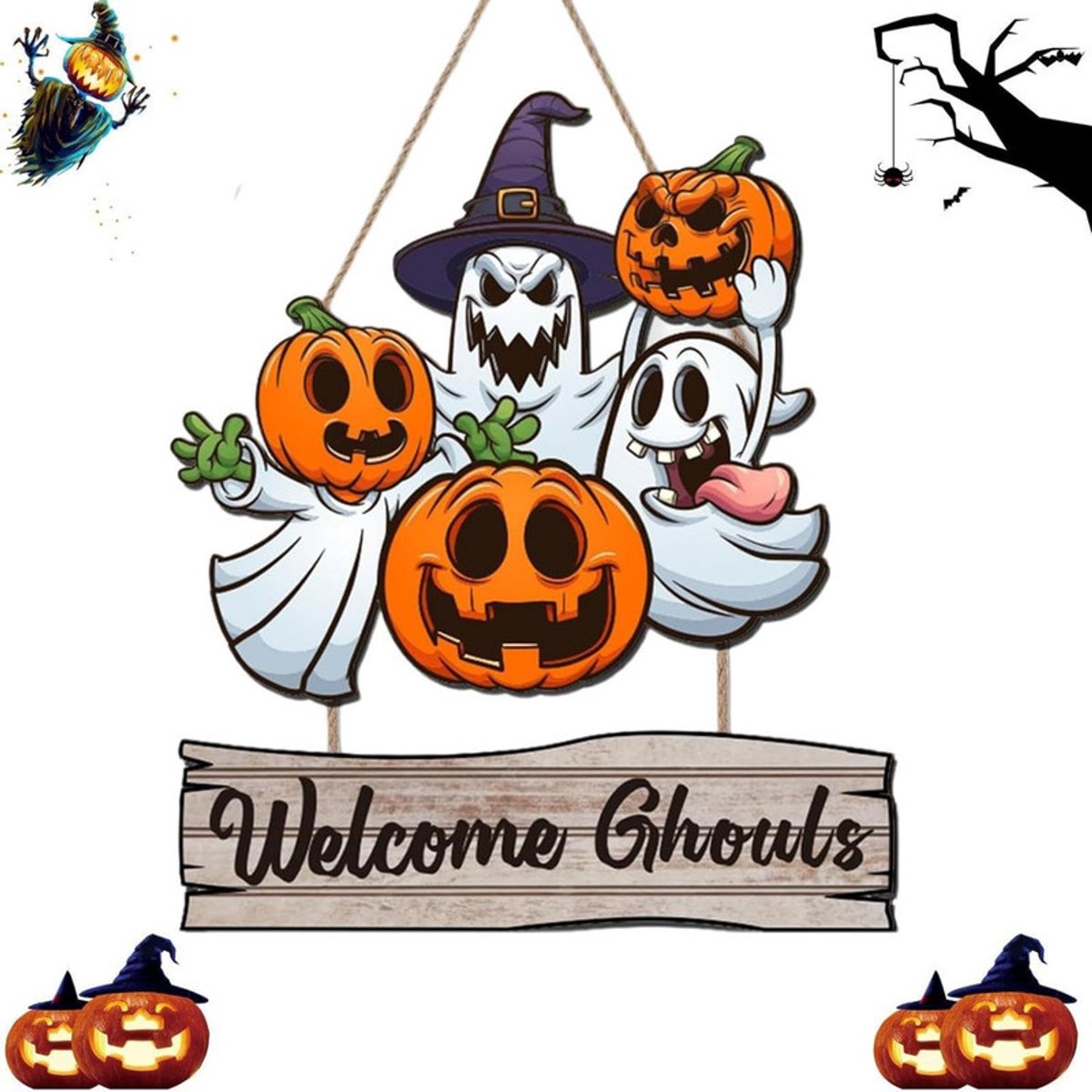 Houten Halloween Deurhanger - 30*30*0,5 cm - Halloween Deurbordje - Muurhanger - Feestelijke Decoratie - Deurdecoratie - Muurdecoratie - Pompoen Muurhanger - Halloween Bordje - Geschikt voor Halloween deuren of muren op terrassen en in huis.