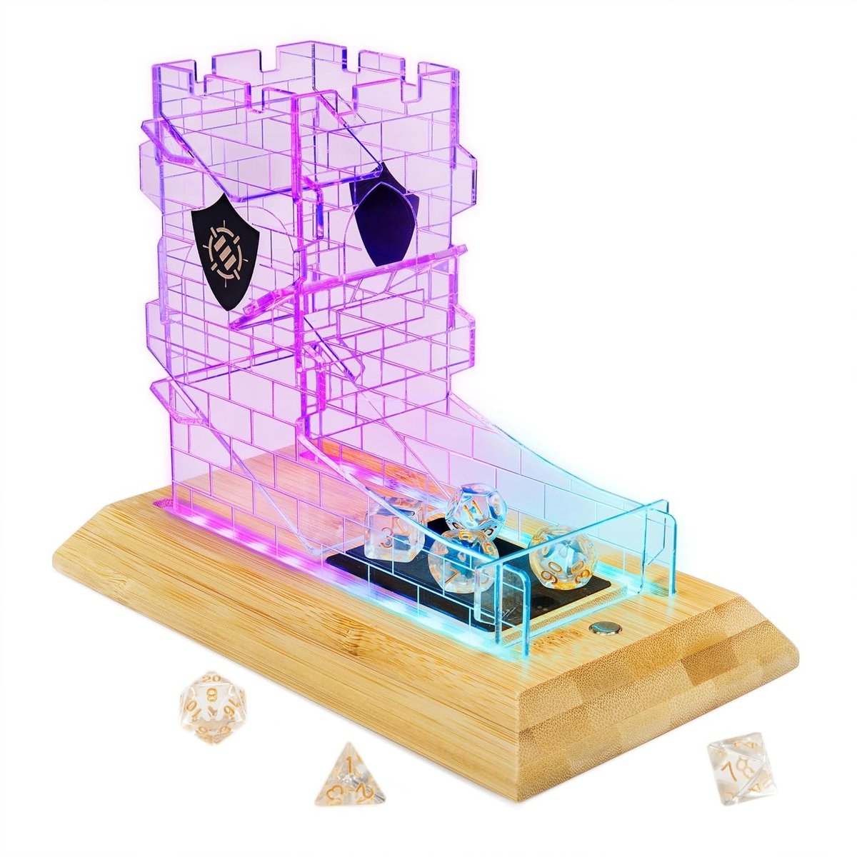 Tafelblad LED Dobbelstenen Toren - Helder - 7-delige Dobbelstenen Set - Bamboe Basis met PU-lederen Pad - Voor RPG Games