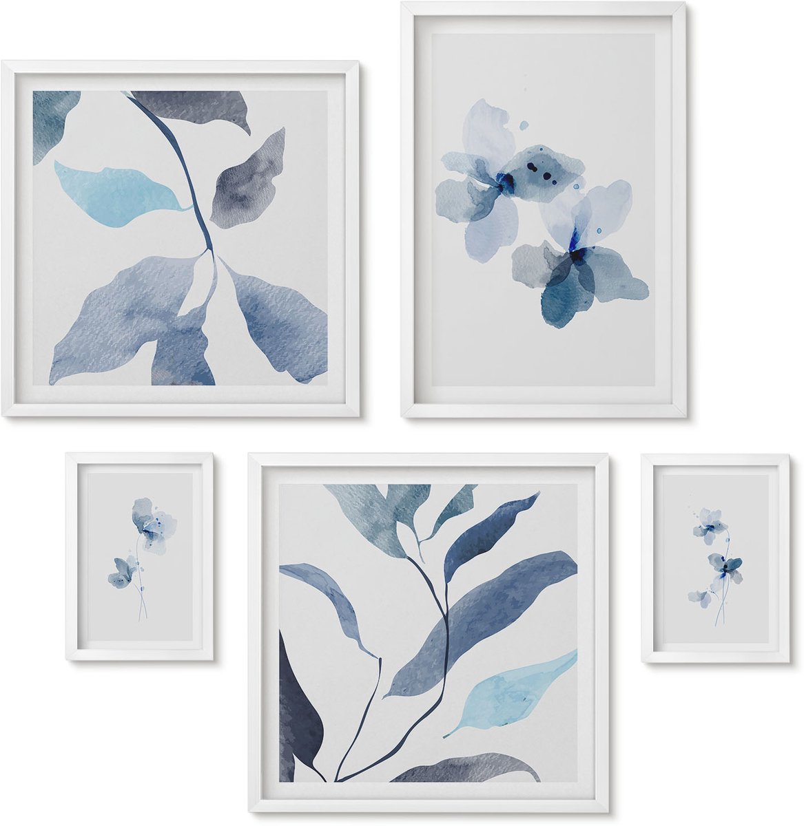 Wallfluent 5-Delige Schilderij Set - Stijlvolle Aquarelbloemen En -Bladeren In Blauwe Tinten - 50 x 50 cm, 20 x 30 cm En 40 x 60 cm - Muurdecoratie - Wanddecoratie - Hal - Moderne Wanddecoratie