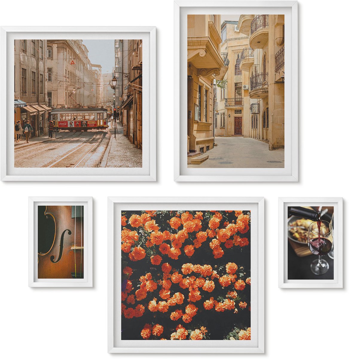 Wallfluent 5-Delige Schilderij Set - Charmante Straatjes En Heerlijke Momenten In De Stad - 50 x 50 cm, 20 x 30 cm En 40 x 60 cm - Moderne Wanddecoratie - Slaapkamer - Woonkamer Decoratie