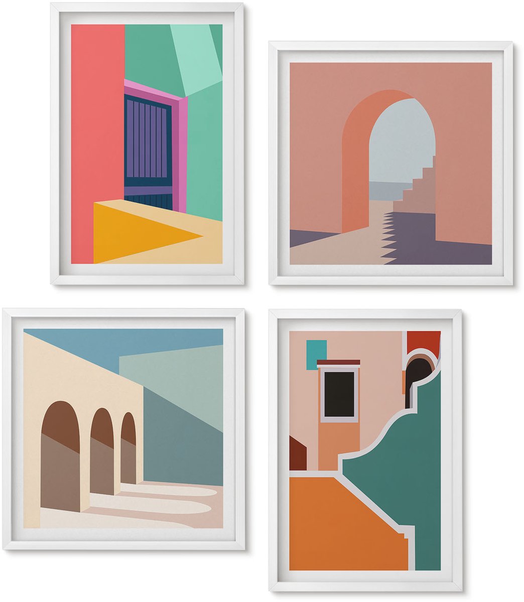 Wallfluent 4-Delige Schilderij Set - Kleurrijke Stadsgezichten In Een Moderne Stijl. - 40 x 40 En 40 x 60 - Decoratieve Muurdecoratie - Slaapkamer