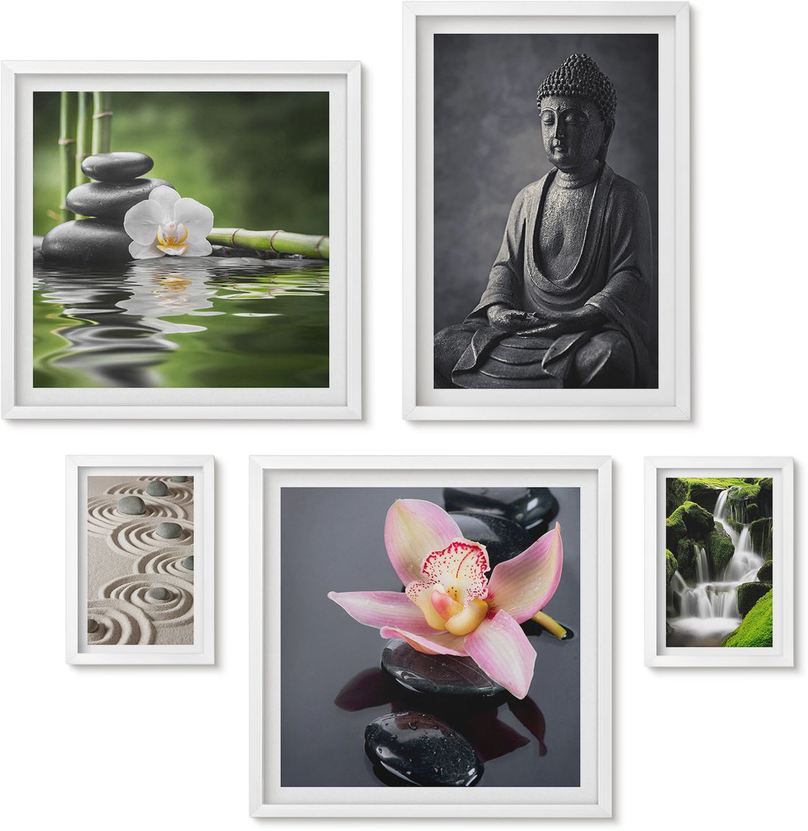 Wallfluent 5-Delige Schilderij Set - Een Ontspannende Zen-Sfeer Met Elementen Uit De Natuur En Meditatie. - 50 x 50 cm, 20 x 30 cm En 40 x 60 cm - Wanddecoratie - Schilderijen Set - Kantoor - Stijlvolle Muurdecoratie