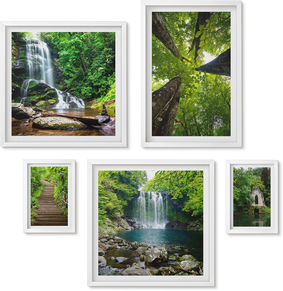Wallfluent 5-Delige Schilderij Set - Groene Landschappen Met Watervallen En Bospaden - 50 x 50 cm, 20 x 30 cm En 40 x 60 cm - Wanddecoratie - Woonkamer Decoratie - Stijlvolle Muurdecoratie
