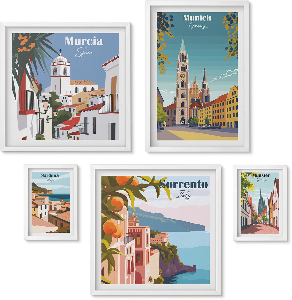 Wallfluent 5-Delige Schilderij Set - Beelden Van Architectuur En Landschap In Europese Steden - 50 x 50 cm, 20 x 30 cm En 40 x 60 cm - Wanddecoratie - Schilderijen Set - Interieur - Interieur Decoratie