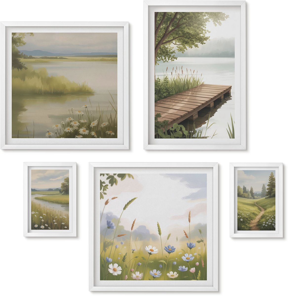 Wallfluent 5-Delige Schilderij Set - Rustige Natuurlandschappen Met Houten Brug En Weilanden - 50 x 50 cm, 20 x 30 cm En 40 x 60 cm - Stijlvolle Wanddecoratie - Interieur - Moderne Wanddecoratie
