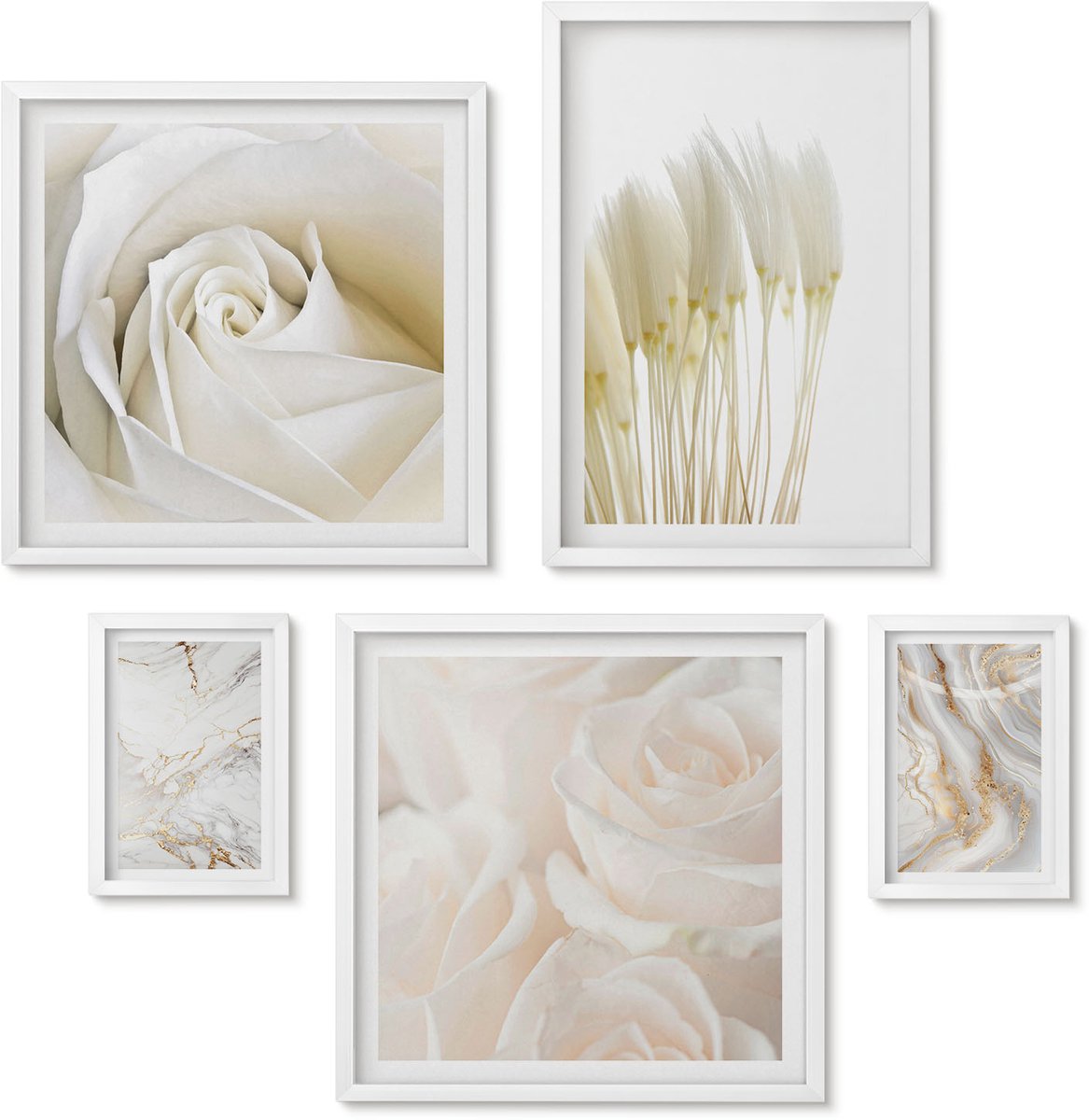 Wallfluent 5-Delige Schilderij Set - Elegante Witte Rozen En Marmeren Decoratieve Accenten - 50 x 50 cm, 20 x 30 cm En 40 x 60 cm - Muurdecoratie - Wanddecoratie - Slaapkamer - Decoratieve Schilderijen