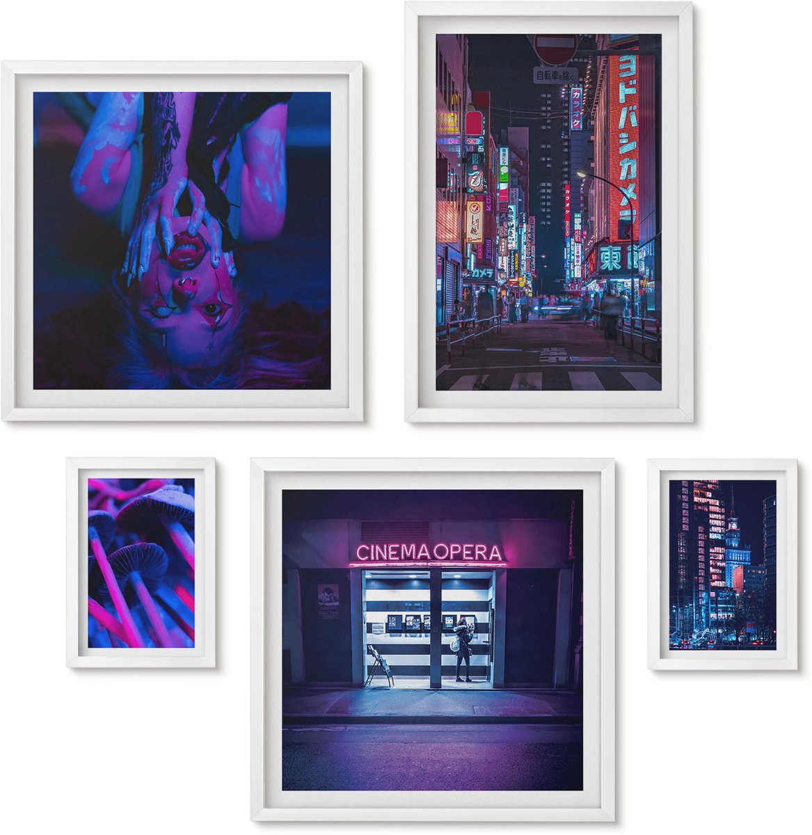 Wallfluent 5-Delige Schilderij Set - Neon Nachtelijke Stadsgezichten Met Een Stedelijke Sfeer - 50 x 50 cm, 20 x 30 cm En 40 x 60 cm - Wanddecoratie - Moderne Interieurdecoratie - Moderne Wanddecoratie