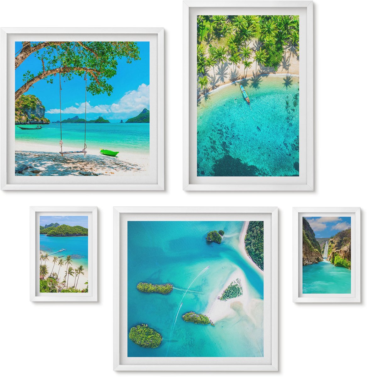 Wallfluent 5-Delige Schilderij Set - Tropische Stranden, Paradijselijke Uitzichten, Kristalhelder Water. - 50 x 50 cm, 20 x 30 cm En 40 x 60 cm - Muurdecoratie - Schilderijen Set - Woonkamer - Interieur Decoratie